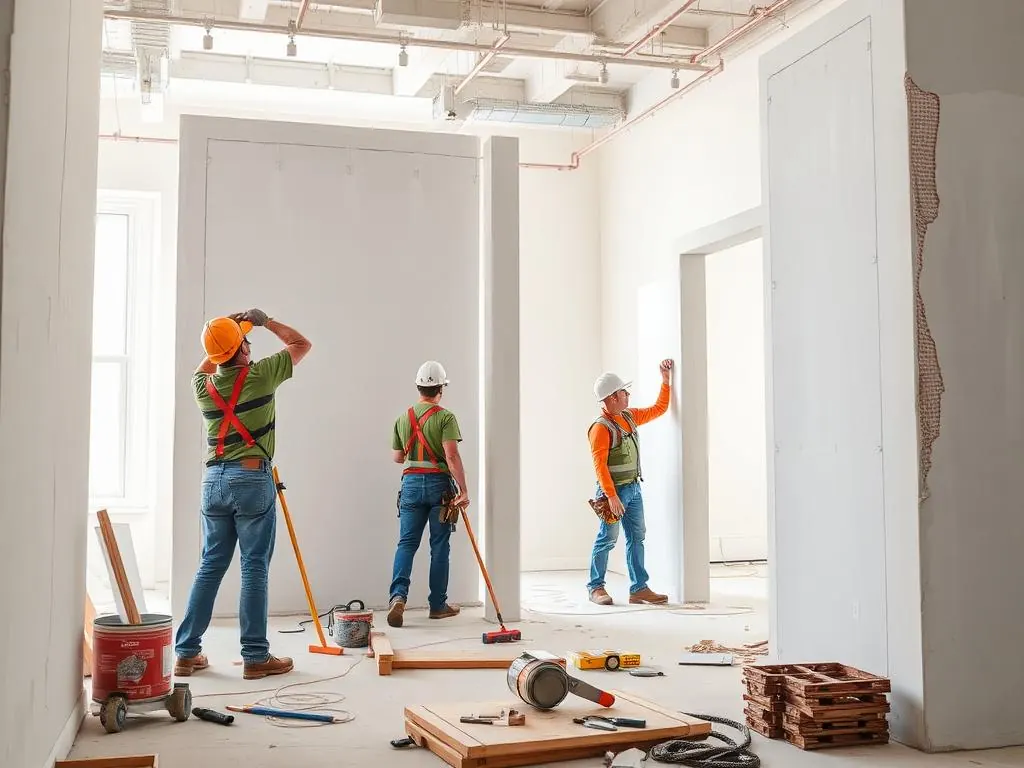 Equipe executando reforma interna com instalação de drywall