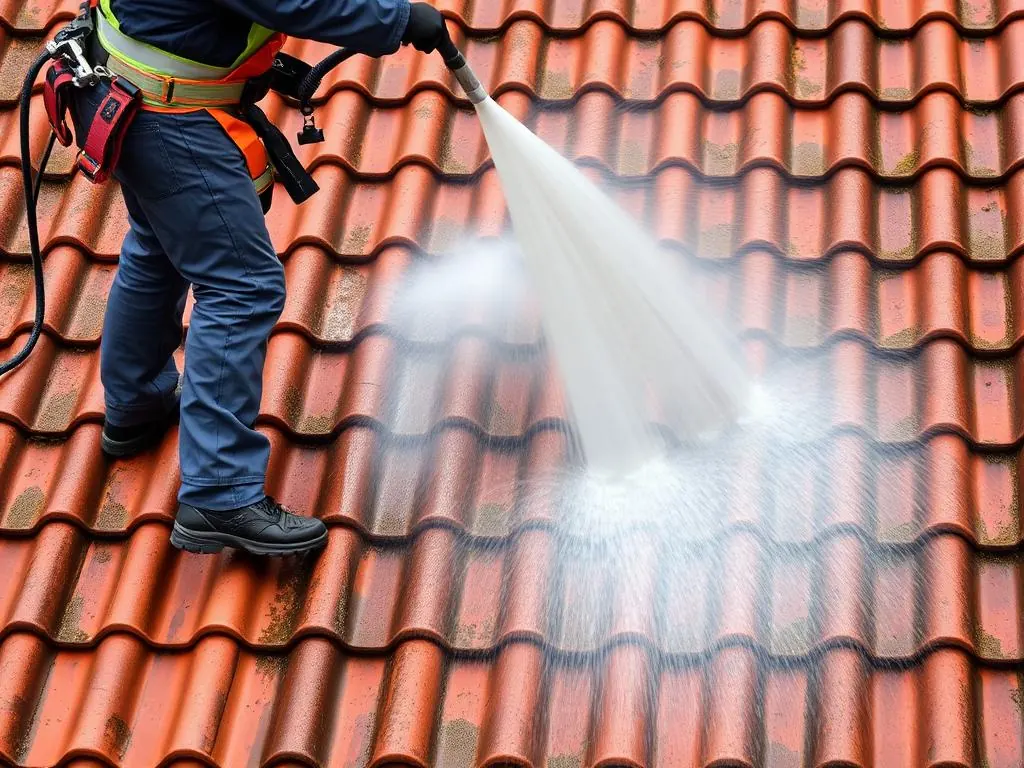 Profissional realizando lavagem de telhado com alta pressão em telhas cerâmicas
